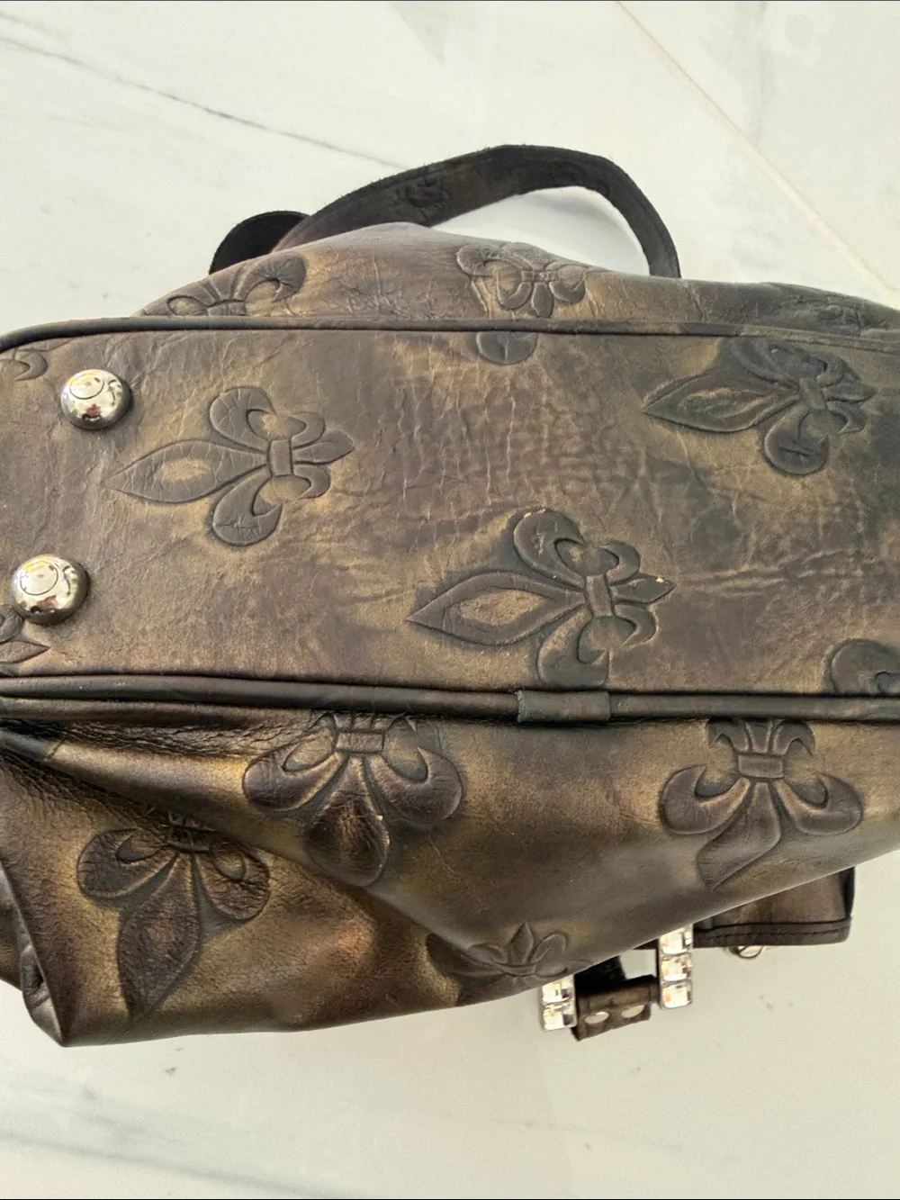 Raviani Black Embossed Satchel with Fleur-de-Lis Detail